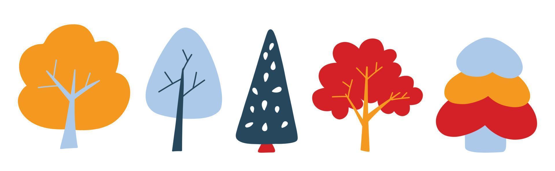 Vektorset mit niedlichen farbigen Bäumen im Doodle-Stil, bunten Cartoon-Bäumen. süße Illustrationen für Postkarten, Poster, Stoffe, Design vektor