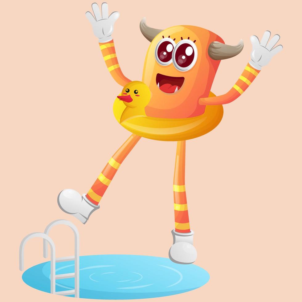 süßes orangefarbenes monsterschwimmen mit tragendem gummientenschlauch vektor