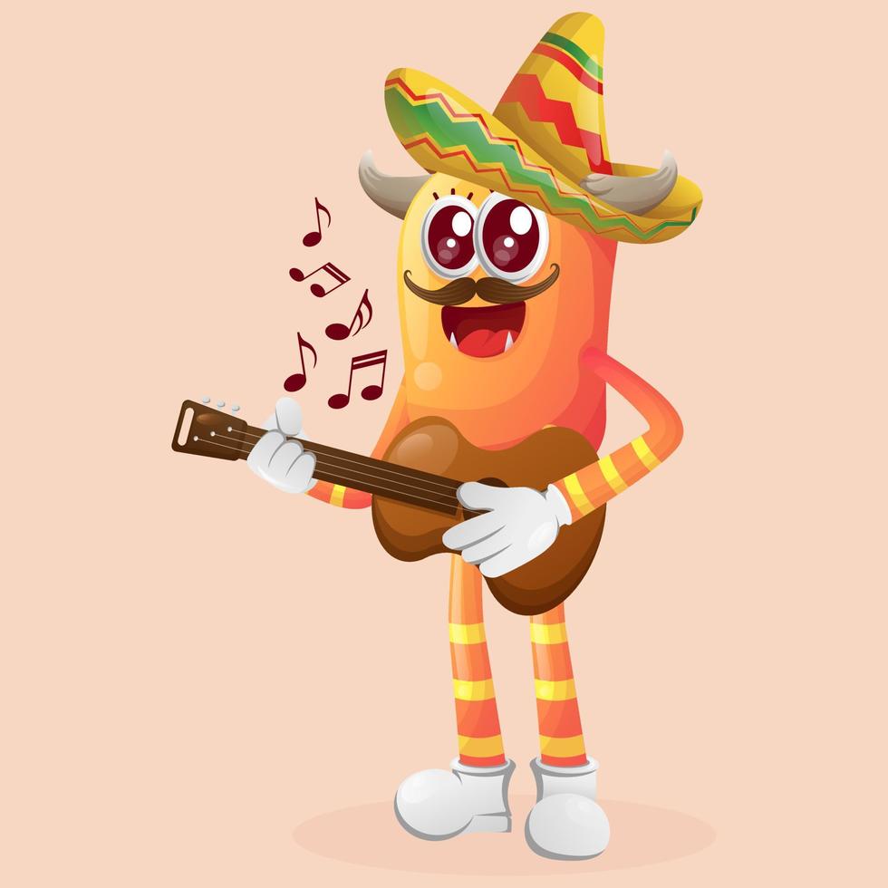 söt orange monster bär mexikansk hatt med spelar gitarr vektor