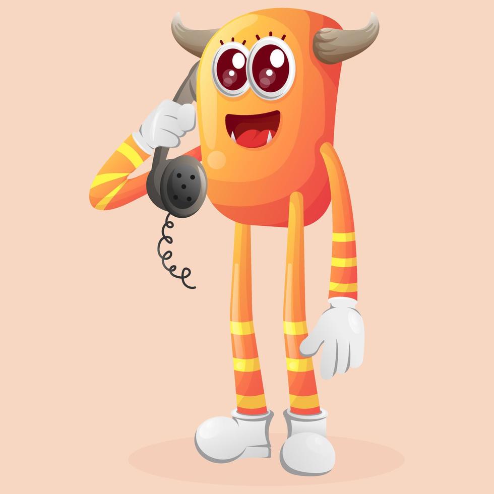 söt orange monster plocka upp de telefon, svar telefon samtal vektor