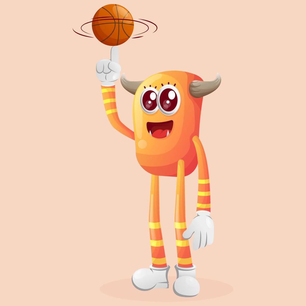 söt orange monster spelar basketboll, freestyle med boll vektor