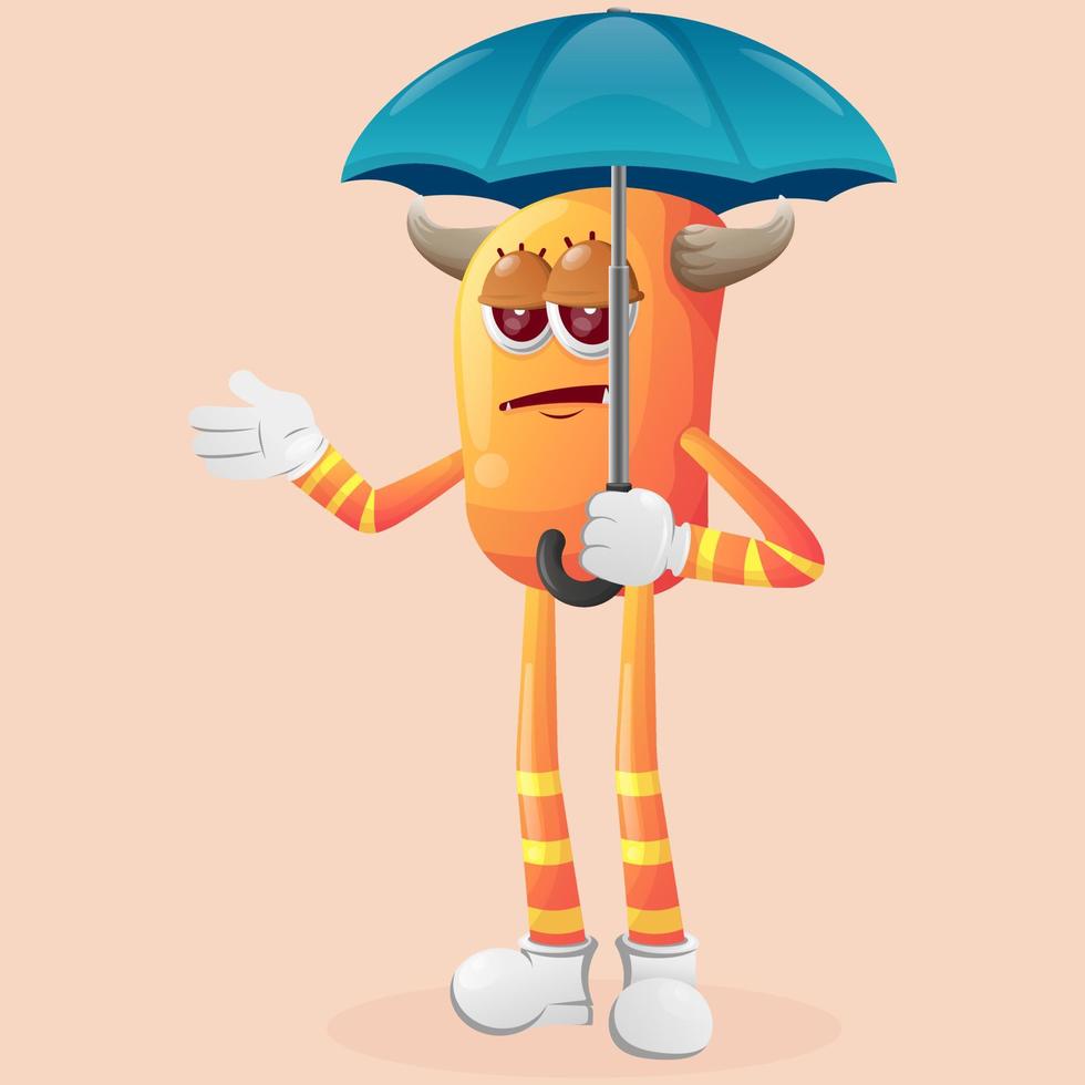 söt orange monster innehav paraply med uttråkad uttryck vektor
