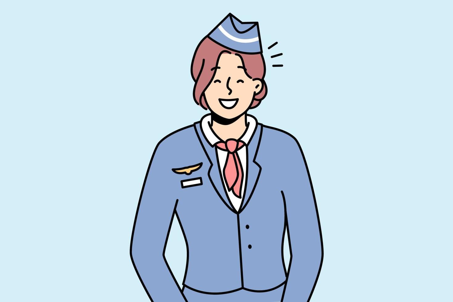 Porträt einer lächelnden jungen weiblichen Stewardess in Uniform. glückliche Flugbegleiterin, die sich optimistisch und positiv fühlt. Besetzung. Vektor-Illustration. vektor