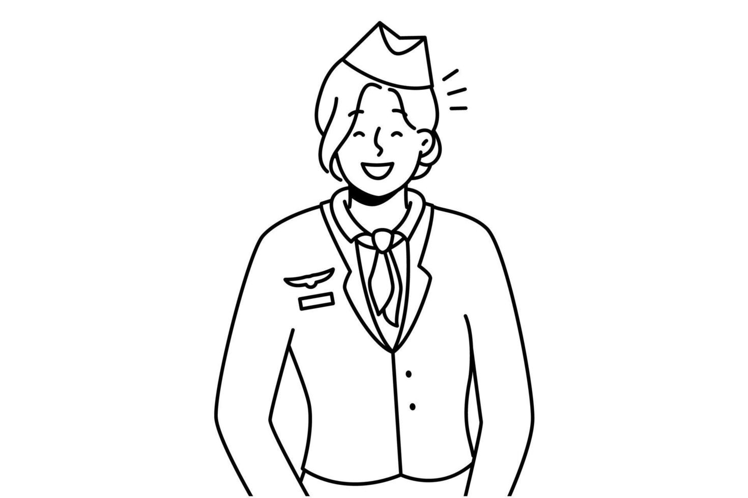 Porträt einer lächelnden jungen weiblichen Stewardess in Uniform. glückliche Flugbegleiterin, die sich optimistisch und positiv fühlt. Besetzung. Vektor-Illustration. vektor