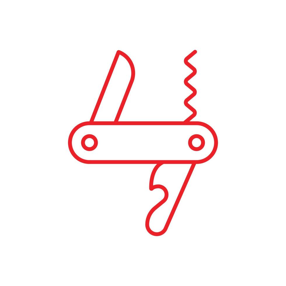 eps10 roter Vektor Multi-Messer-Symbol Strichzeichnungen isoliert auf weißem Hintergrund. Camping-Taschenmesser-Umrisssymbol in einem einfachen, flachen, trendigen, modernen Stil für Ihr Website-Design, Logo und mobile App