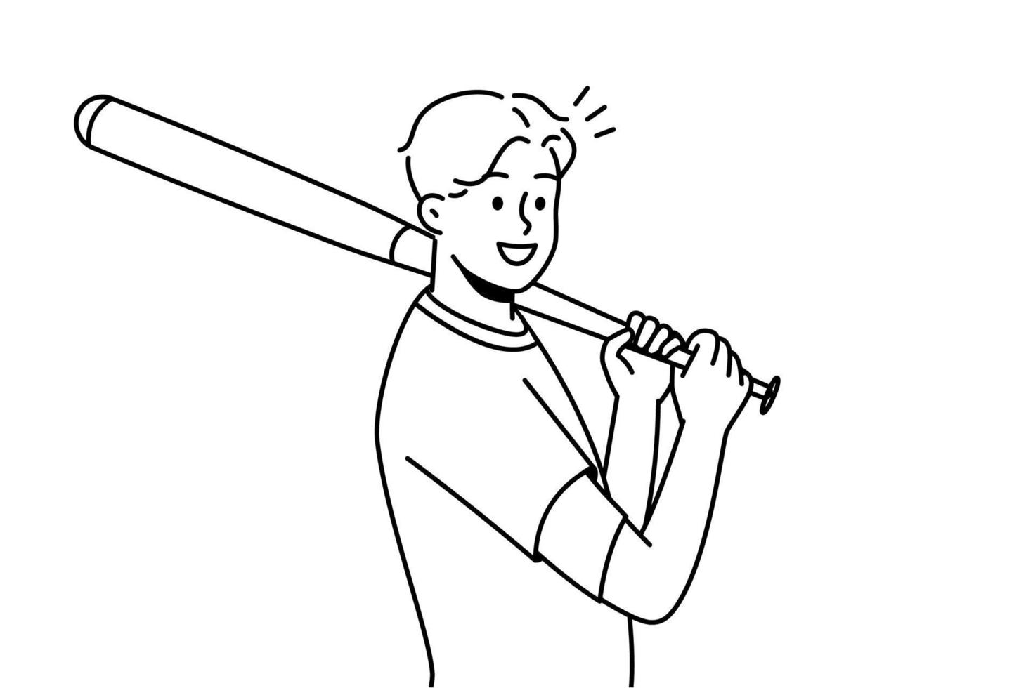 lächelnder junger männlicher sportler mit baseballschläger, der spiel auf feld spielt. glücklicher Sportler in Uniform. Vektor-Illustration. vektor