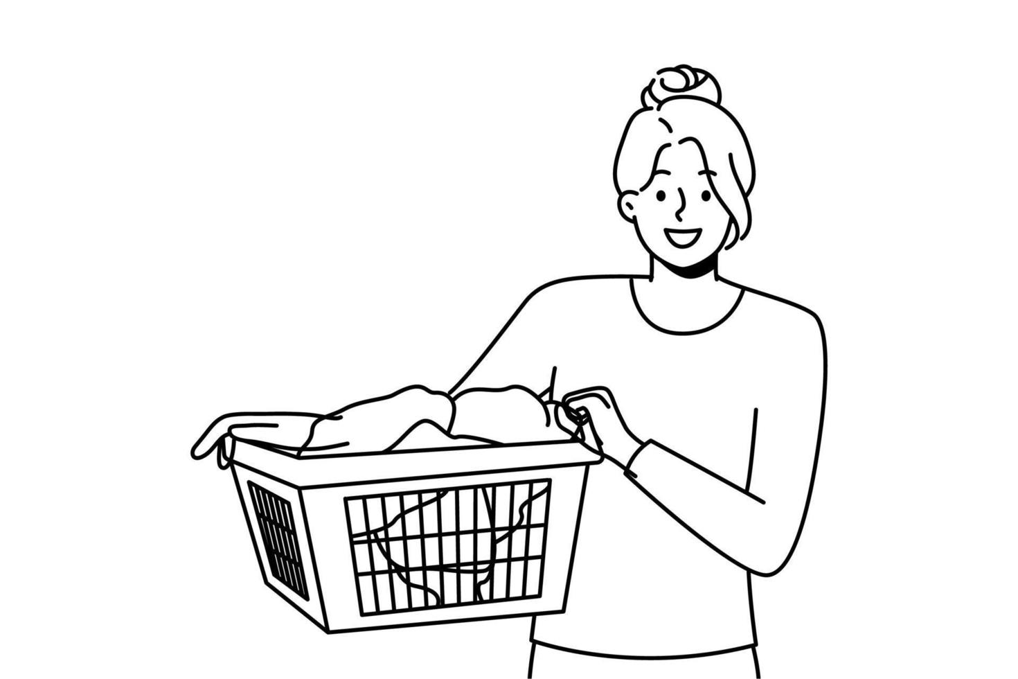 leende ung kvinna med korg med kläder gående till tvätt. Lycklig flicka rengöring Kläder i tvättomat. vektor illustration.