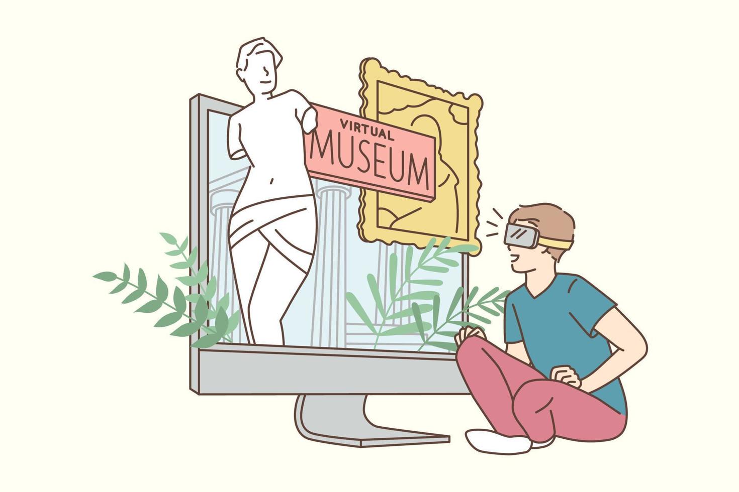 virtuell museum och teknik begrepp. leende pojke tecknad serie karaktär Sammanträde ser på bärbar dator skärm med virtuell museum uppkopplad vektor illustration