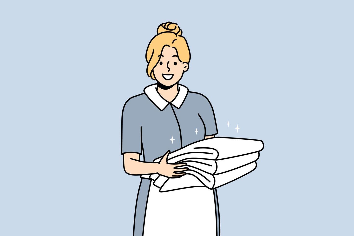 lächelnde Haushälterin in Uniform, die einen Stapel Handtücher hält. glückliches weibliches hausmädchen oder hausmeister, die im hotel arbeiten. Housekeeping-Konzept. Vektor-Illustration. vektor