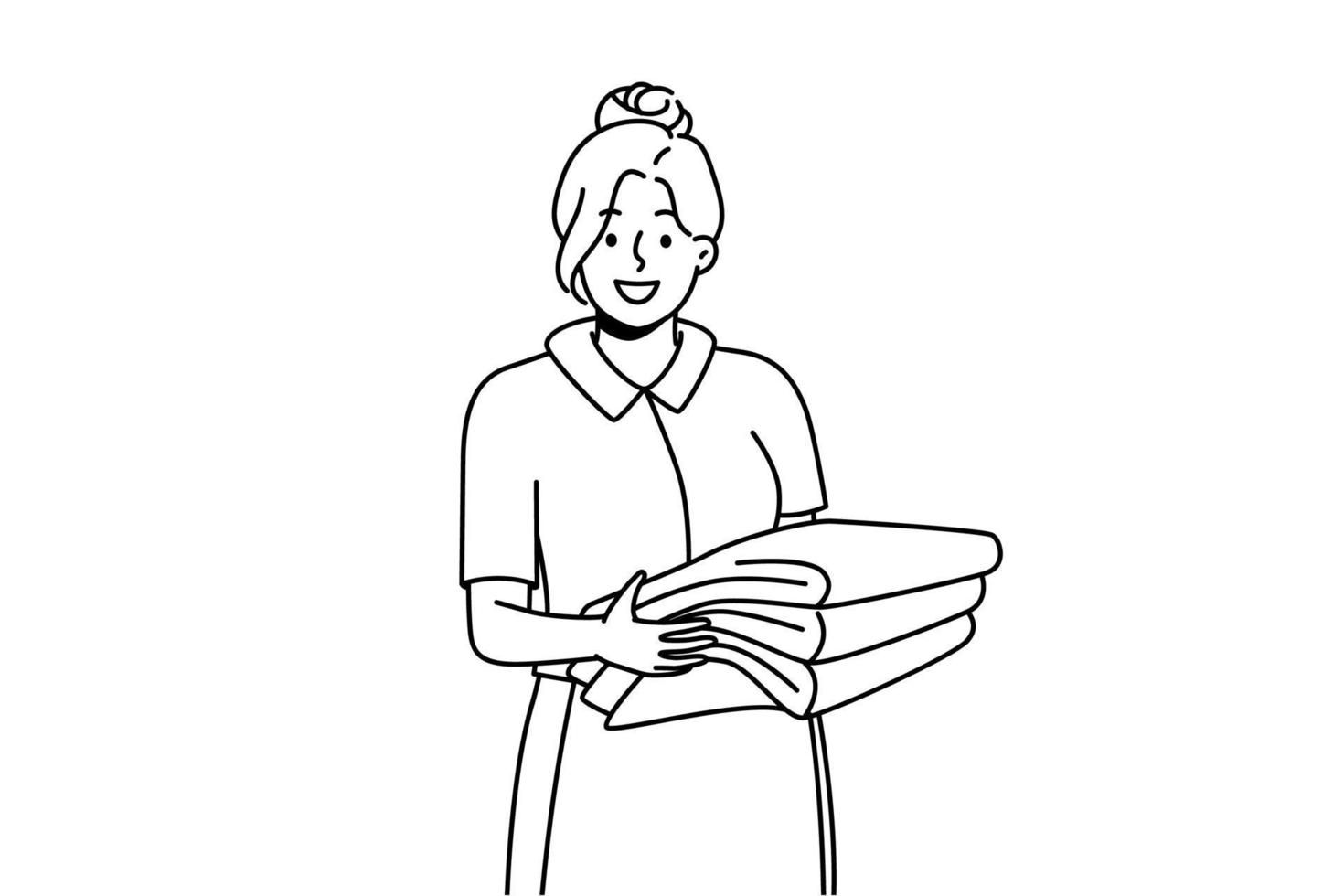 lächelnde Haushälterin in Uniform, die einen Stapel Handtücher hält. glückliches weibliches hausmädchen oder hausmeister, die im hotel arbeiten. Housekeeping-Konzept. Vektor-Illustration. vektor