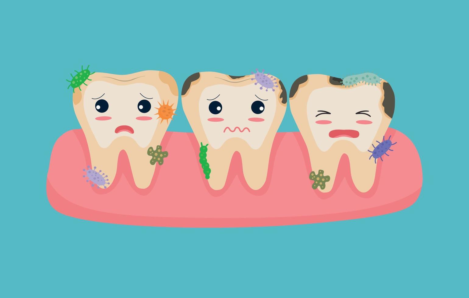 ungesunder kariöser zähnecharakter mit zahnhöhlen und bakterien vektor
