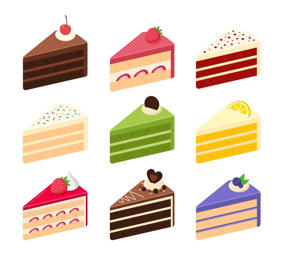 samling av kaka skivor. choklad, jordgubbe, röd sammet, vanilj, matcha eller grön te, citron, och blåbär kaka. isometrisk sötsaker ikon. söt tecknad serie vektor illustration. Kafé ljuv efterrätt meny.