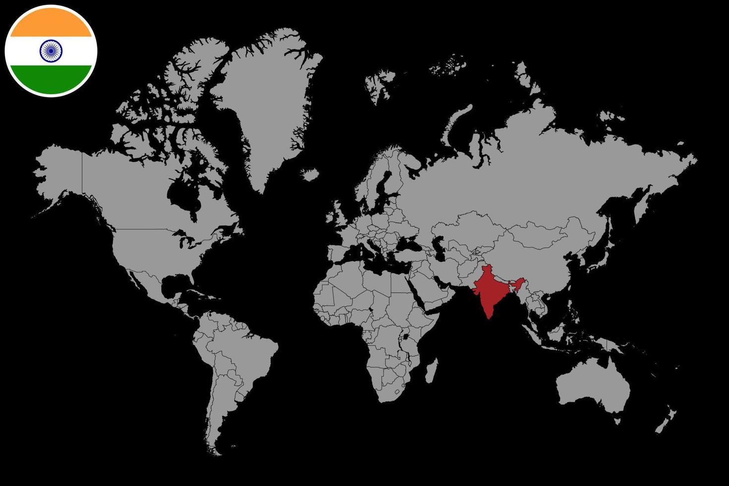 Stecknadelkarte mit Indien-Flagge auf Weltkarte. Vektorillustration. vektor