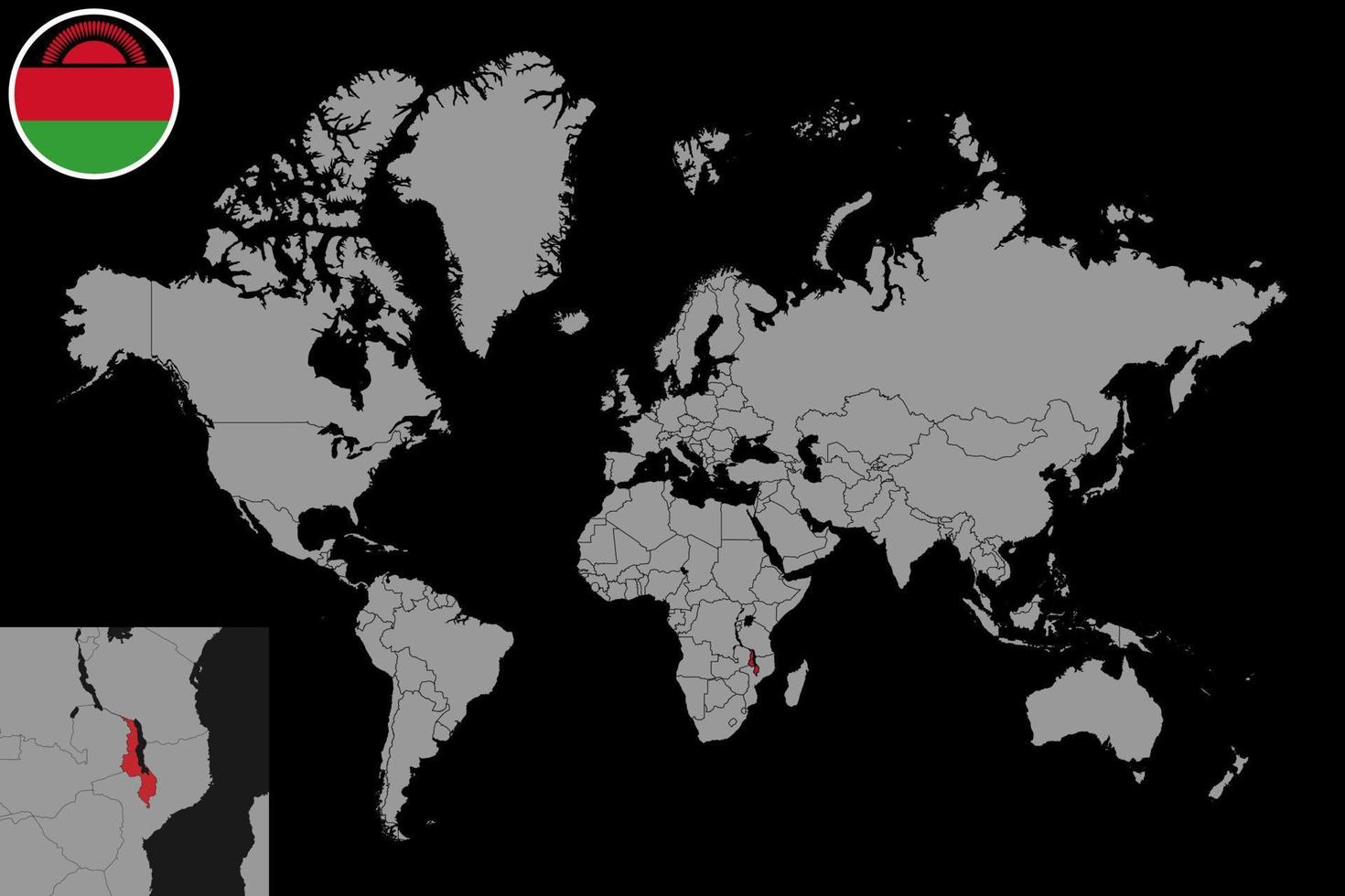 nålkarta med malawis flagga på världskartan. vektor illustration.