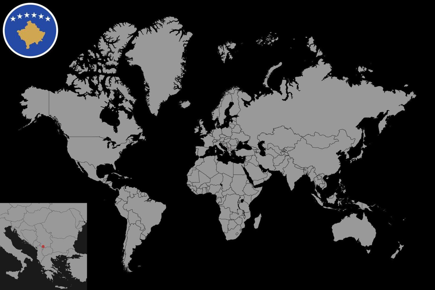 nålkarta med kosovos flagga på världskartan. vektor illustration.