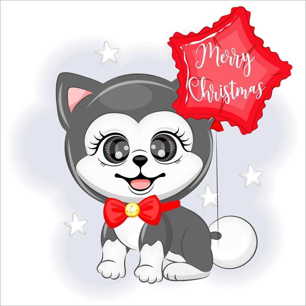 söt hund alaskan malamute med en ballong jul eller ny år vektor illustration