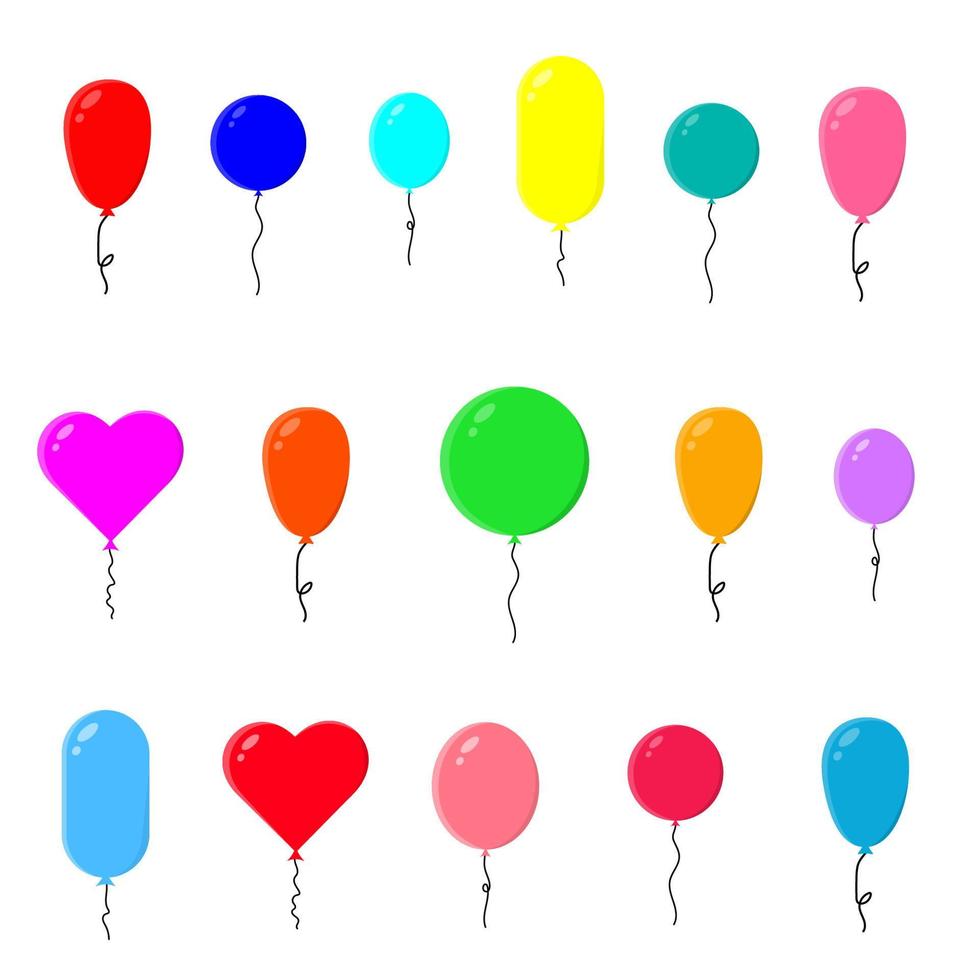fliegende Cartoon-Ballons aus Gummi mit Schnur. Set isoliert auf weißen Ballons. Vektorvorratillustration. vektor