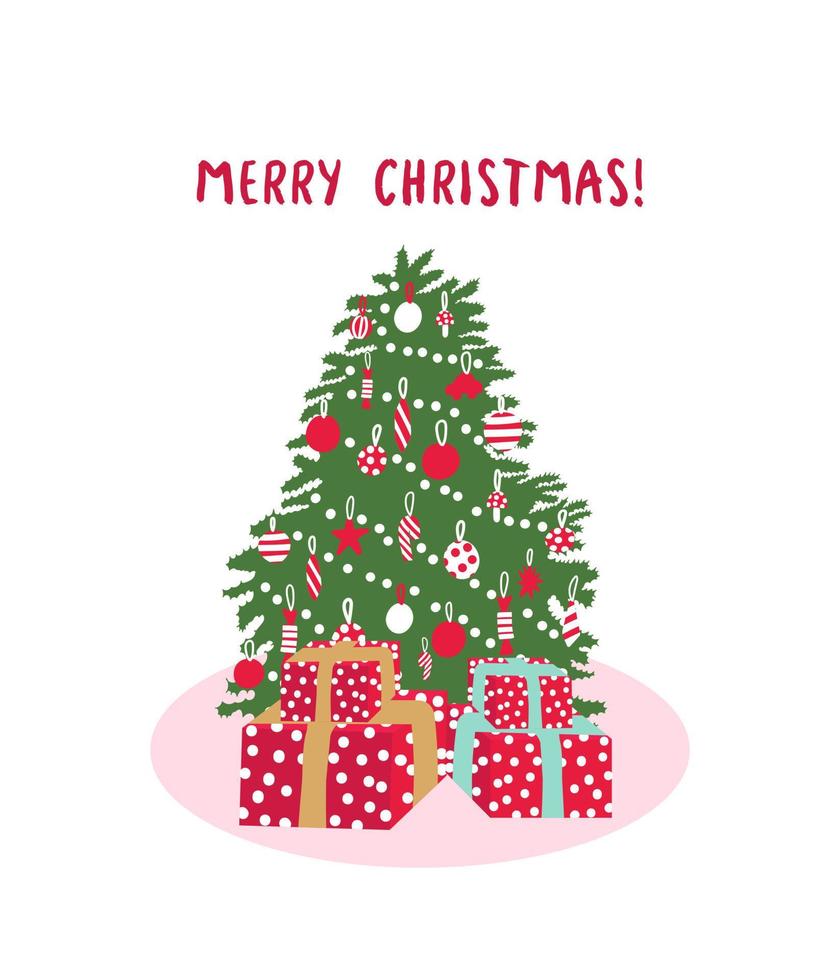 Vektor-Weihnachtsbaum-Illustration. grüner weihnachtsbaum mit kugeln und spielzeug, geschenkboxen. Weihnachtsgrußkarte Vektor. Cartoon-Vektor-Illustration. vektor