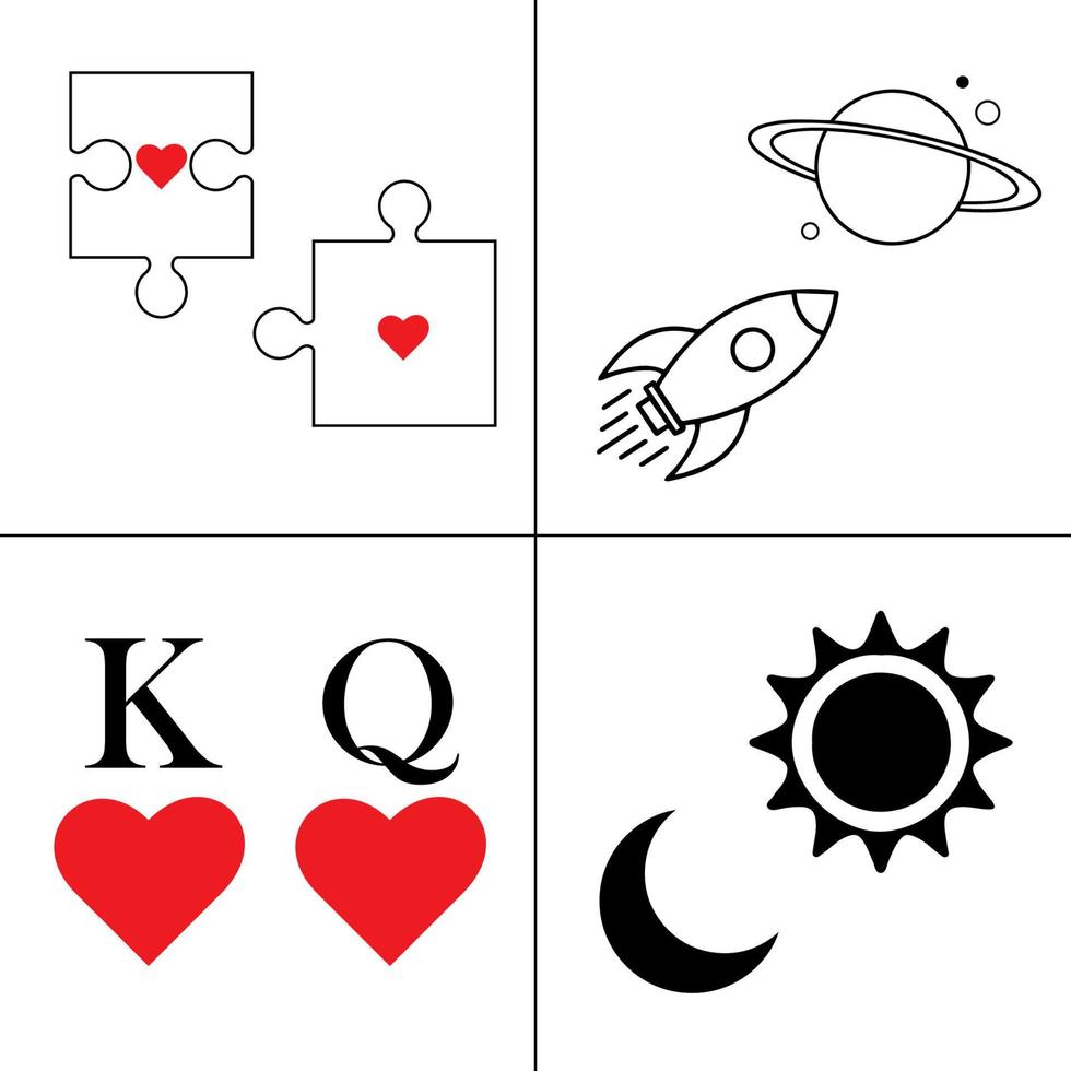 Symbole für gepaarte T-Shirts. Puzzle, Herzen, Mond, Planet, Rakete, Sonne. Vektorvorratillustration. vektor