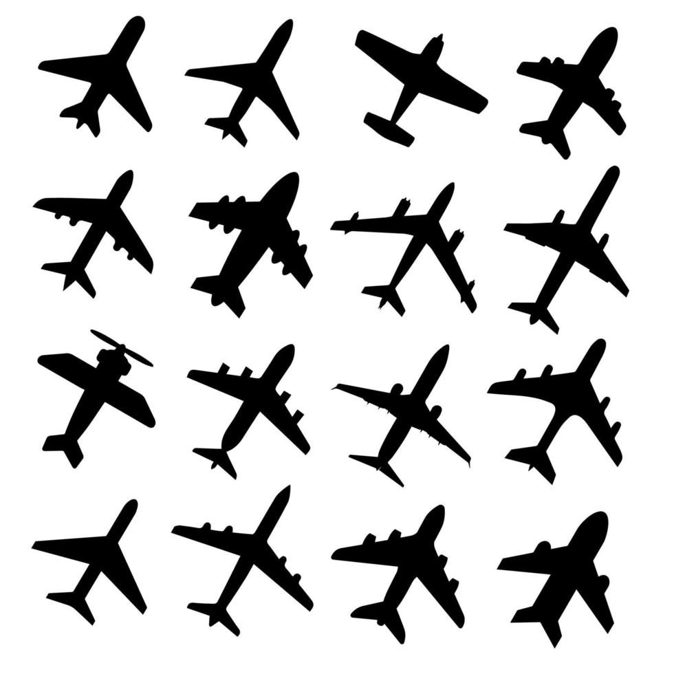 uppsättning av isolerat flygplan, flyg, flygplan, jet platt ikon. svart och vit plan silhuetter. vektor stock illustration.