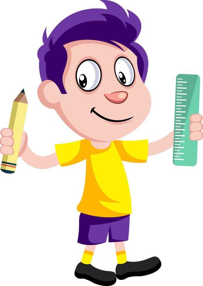 pojke innehav linjal och penna, illustration, vektor på vit bakgrund.