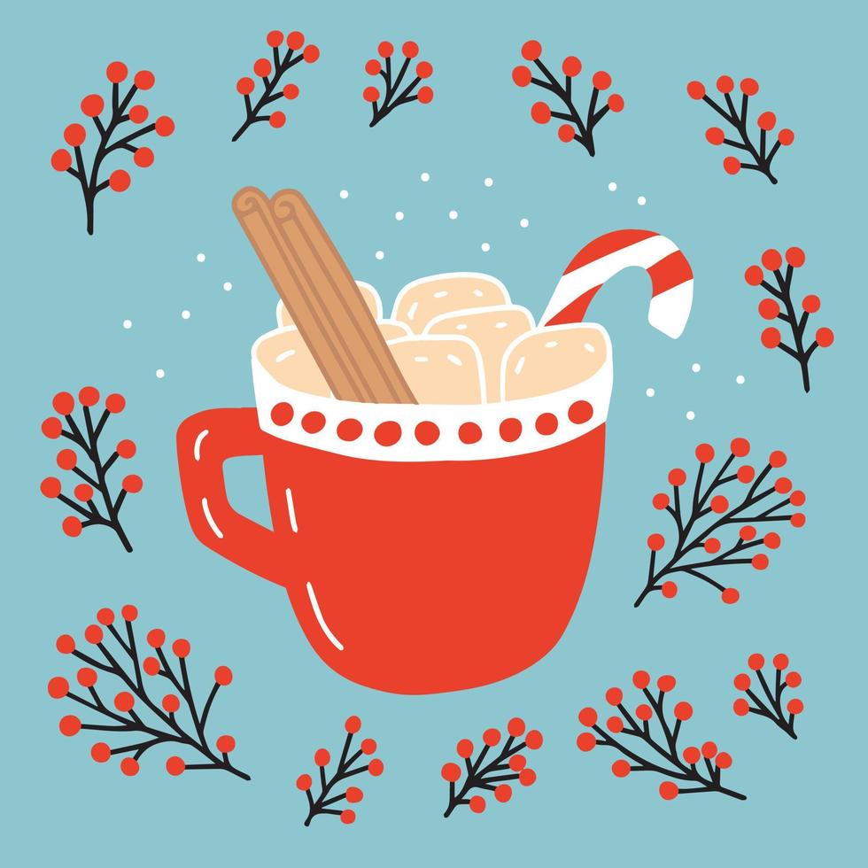 weihnachtswintergetränk mit marshmallows und zuckerstange. weihnachtsgrußkarte mit heißer schokolade und marshmallows-vektorillustration vektor