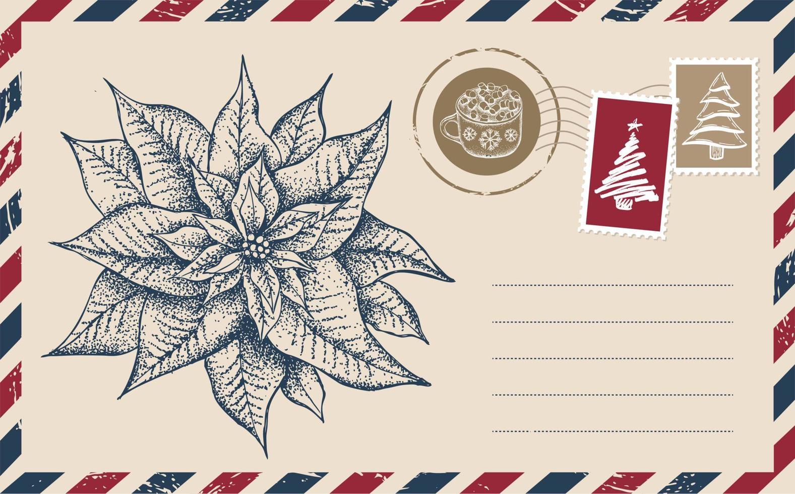 weihnachtspostkarte, mail, handgezeichnete illustration. vektor