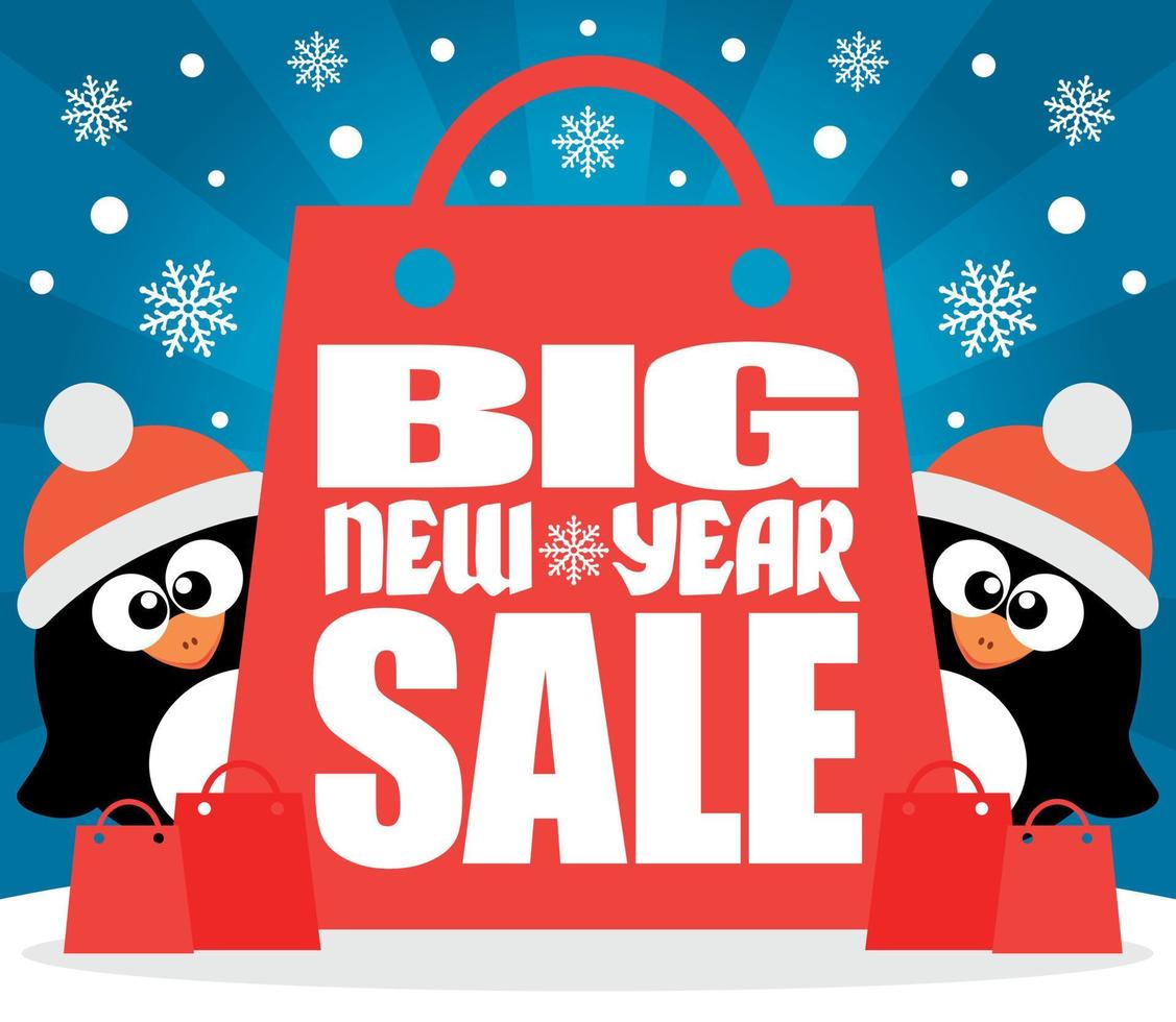 ny år stor försäljning bakgrund med två pingviner vektor