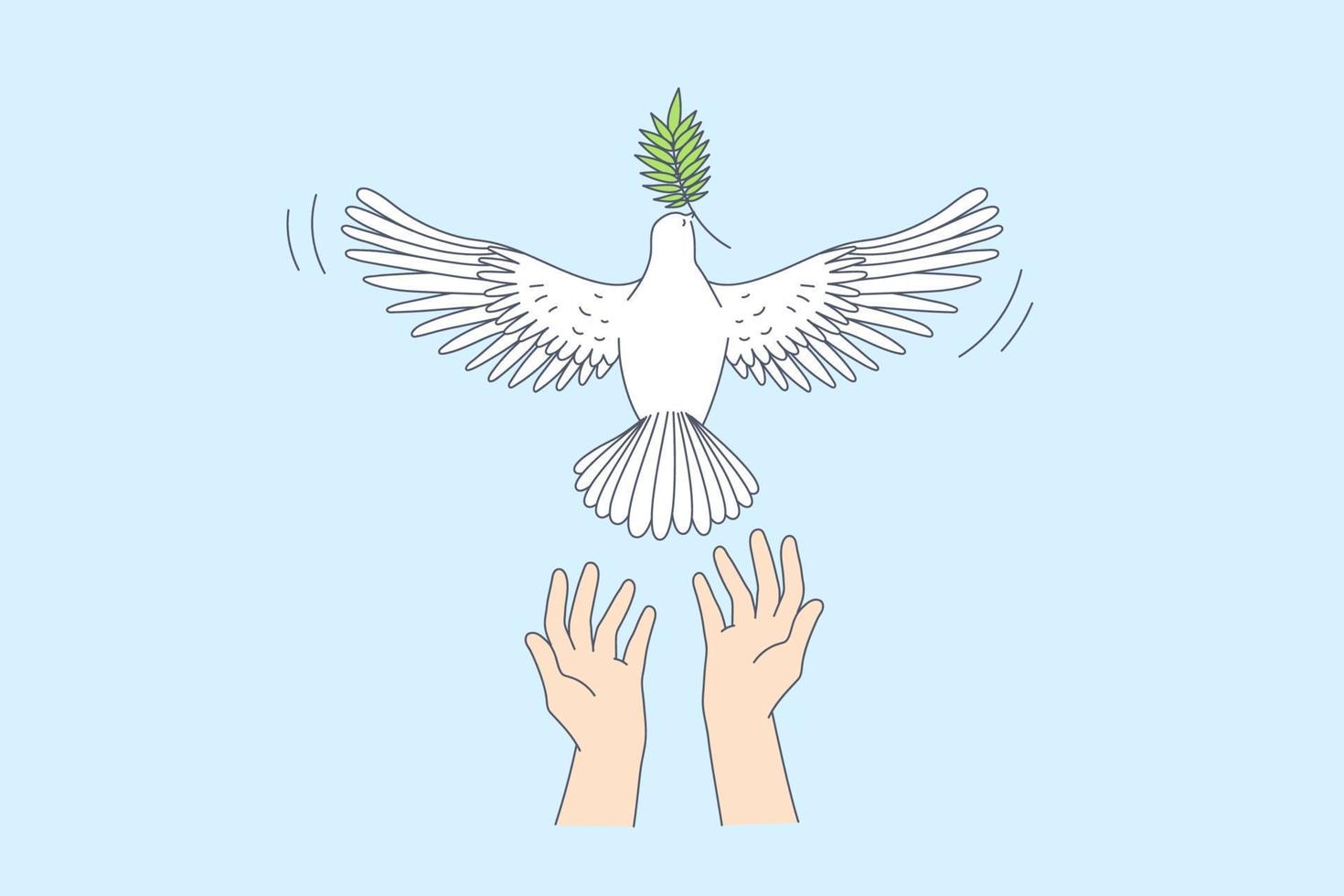 frihet och frisättande Bra Nyheter begrepp. mänsklig händer uthyrning vit duva med grön blad i näbb gå över blå himmel bakgrund vektor illustration