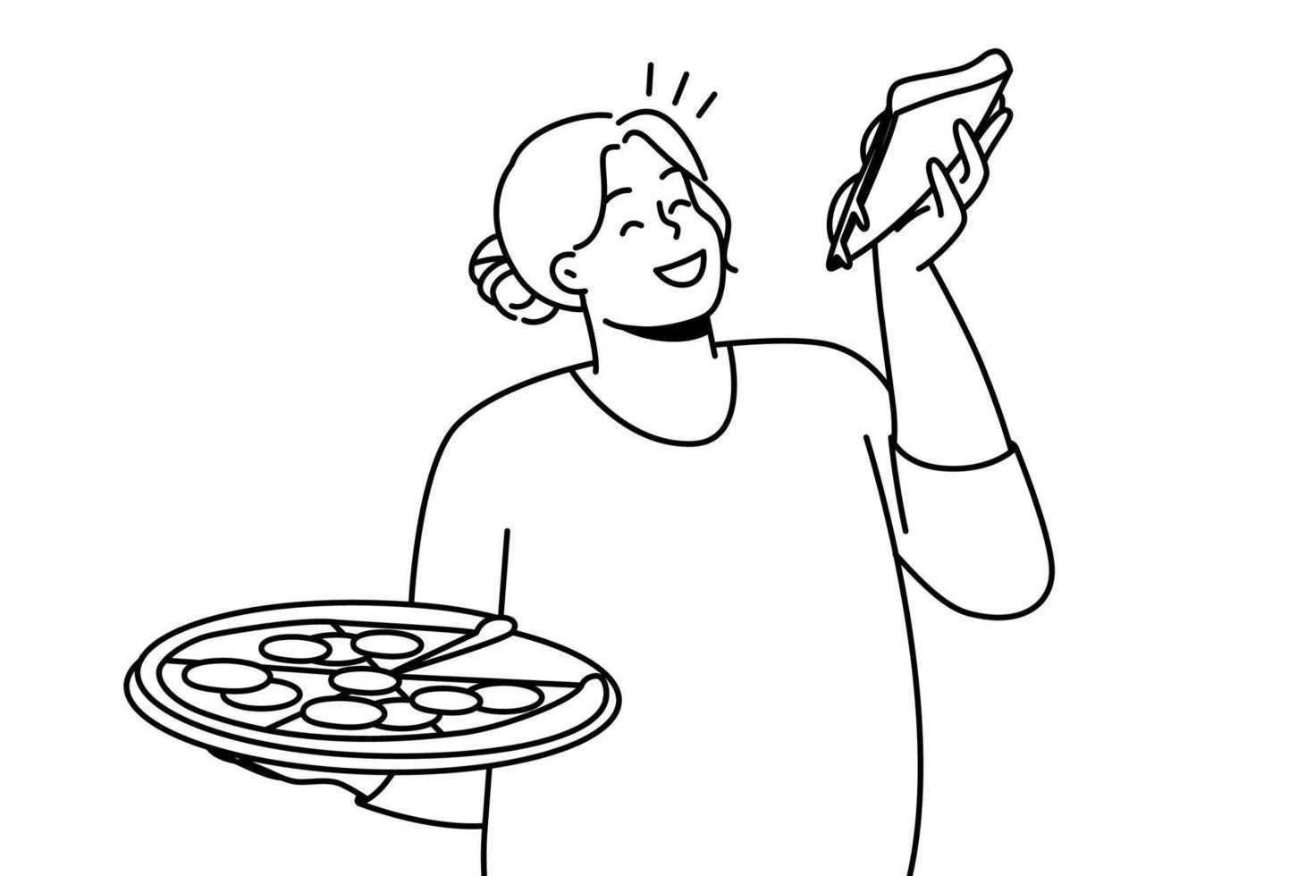 Lycklig övervikt kvinna med pizza i händer njut av snabb mat. leende fett kvinna äter italiensk mat. kropp positiv. vektor illustration.