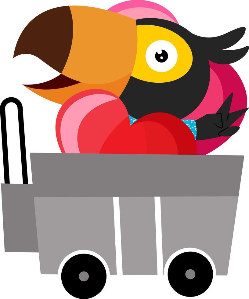 Vogel im Einkaufswagen, Illustration, Vektor auf weißem Hintergrund.
