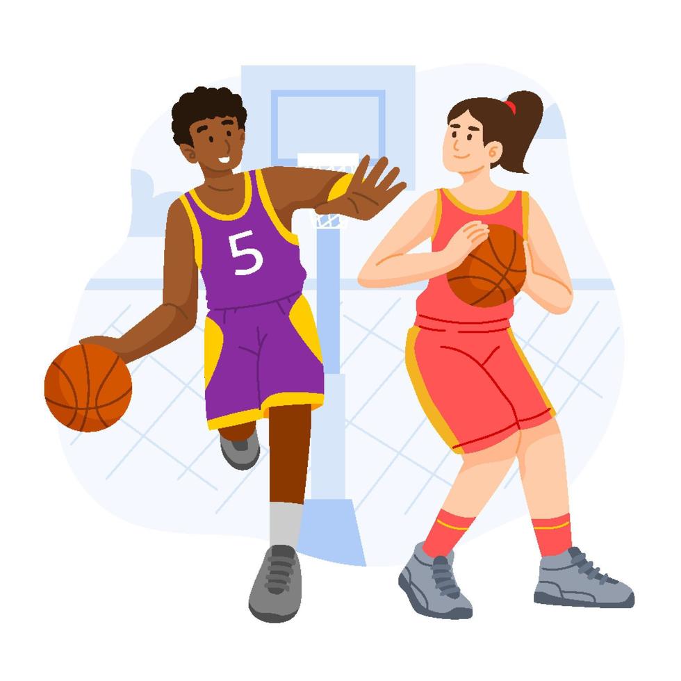 männliche und weibliche Basketballspielerfiguren vektor