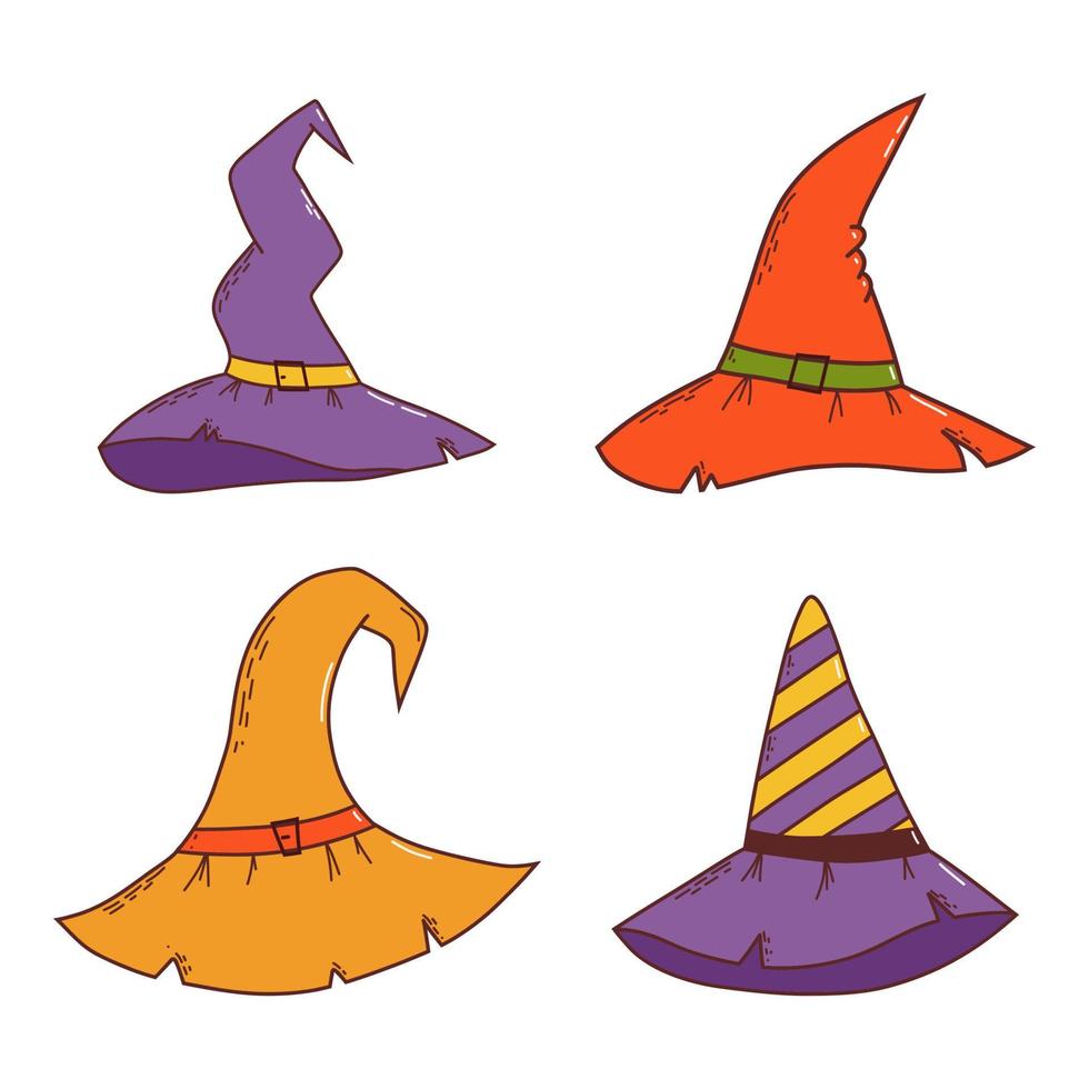 uppsättning av häxa hattar. halloween element. lura eller behandla begrepp. vektor illustration i hand dragen stil