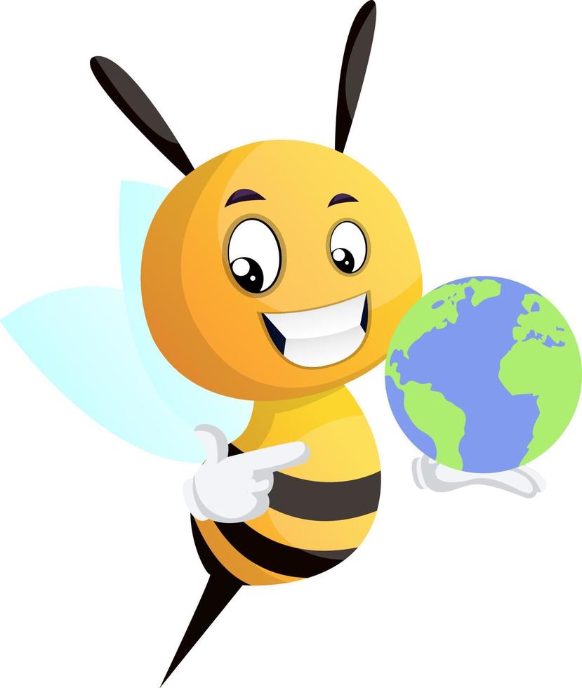 Biene hält einen Globus, Illustration, Vektor auf weißem Hintergrund.