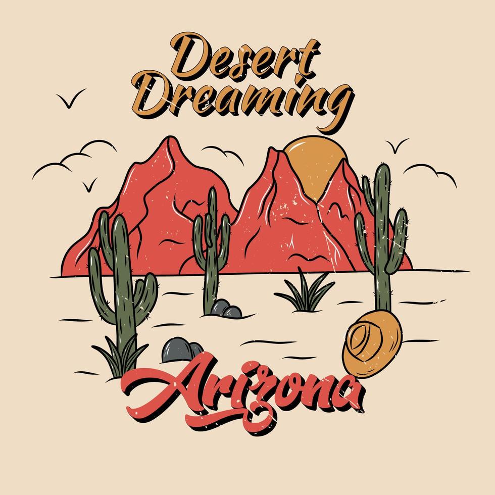 Arizona-Wüstenstimmung mit Kakteen und Bergen. druckdesign für bekleidung, aufkleber, t-shirts und andere. Retro-Vintage-Illustration. vektor