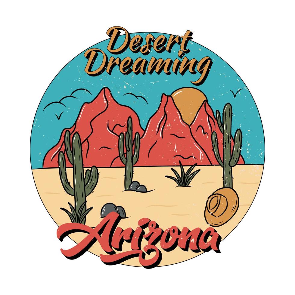 Arizona-Wüstenstimmung mit Kakteen und Bergen. druckdesign für bekleidung, aufkleber, t-shirts und andere. Retro-Vintage-Illustration. vektor