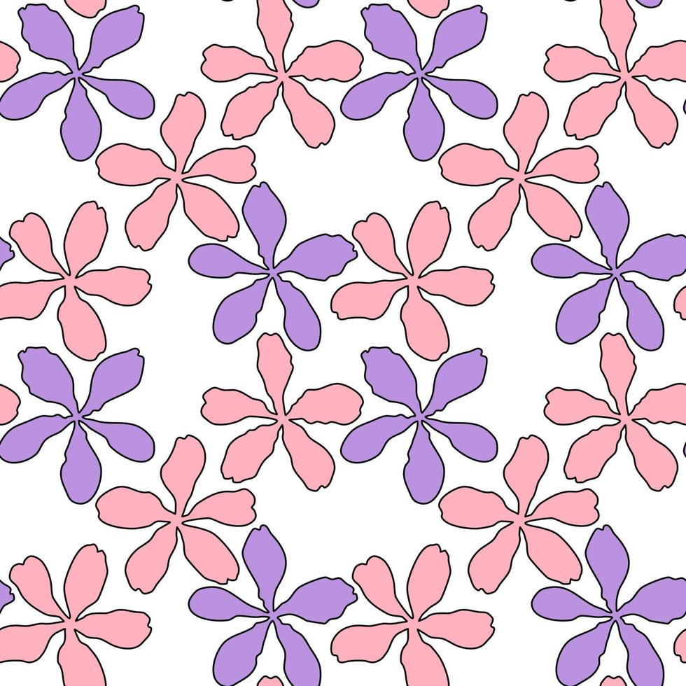 vektor sömlös mönster med rosa och violett kronblad vår blomma blomma, illustration abstrakt flora teckning på vit bakgrund för mode tyg textilier utskrift, tapet och papper omslag