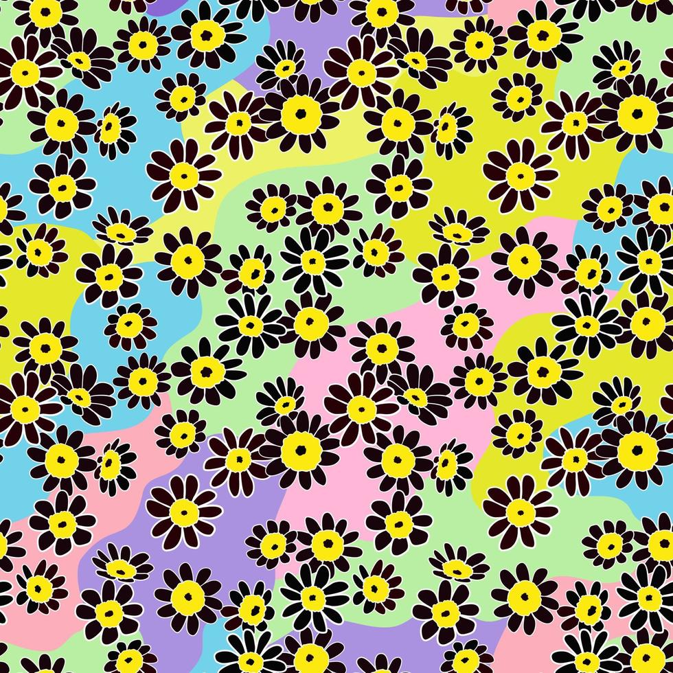 vektor sömlös mönster av gul daisy kronblad vår blomma blomma, illustration abstrakt flora teckning på färgrik bakgrund för mode tyg textilier utskrift, tapet och papper omslag