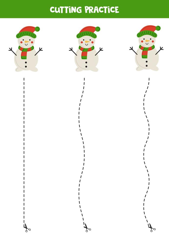 Schneidübungen für Kinder mit niedlichen Schneemännern. vektor