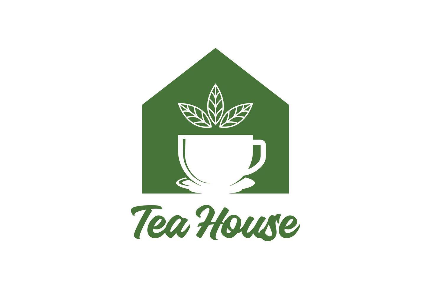 Vintage Becher Teeblatt mit Haus für Café-Restaurant oder Produktlogo-Design vektor