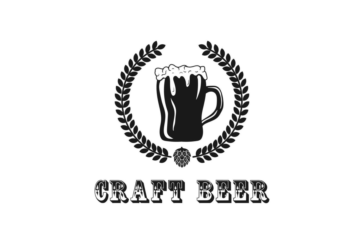 Vintage-Bierglaskrug mit Lorbeerblatt und Hopfen für Handwerks- oder Festival-Logo-Design vektor