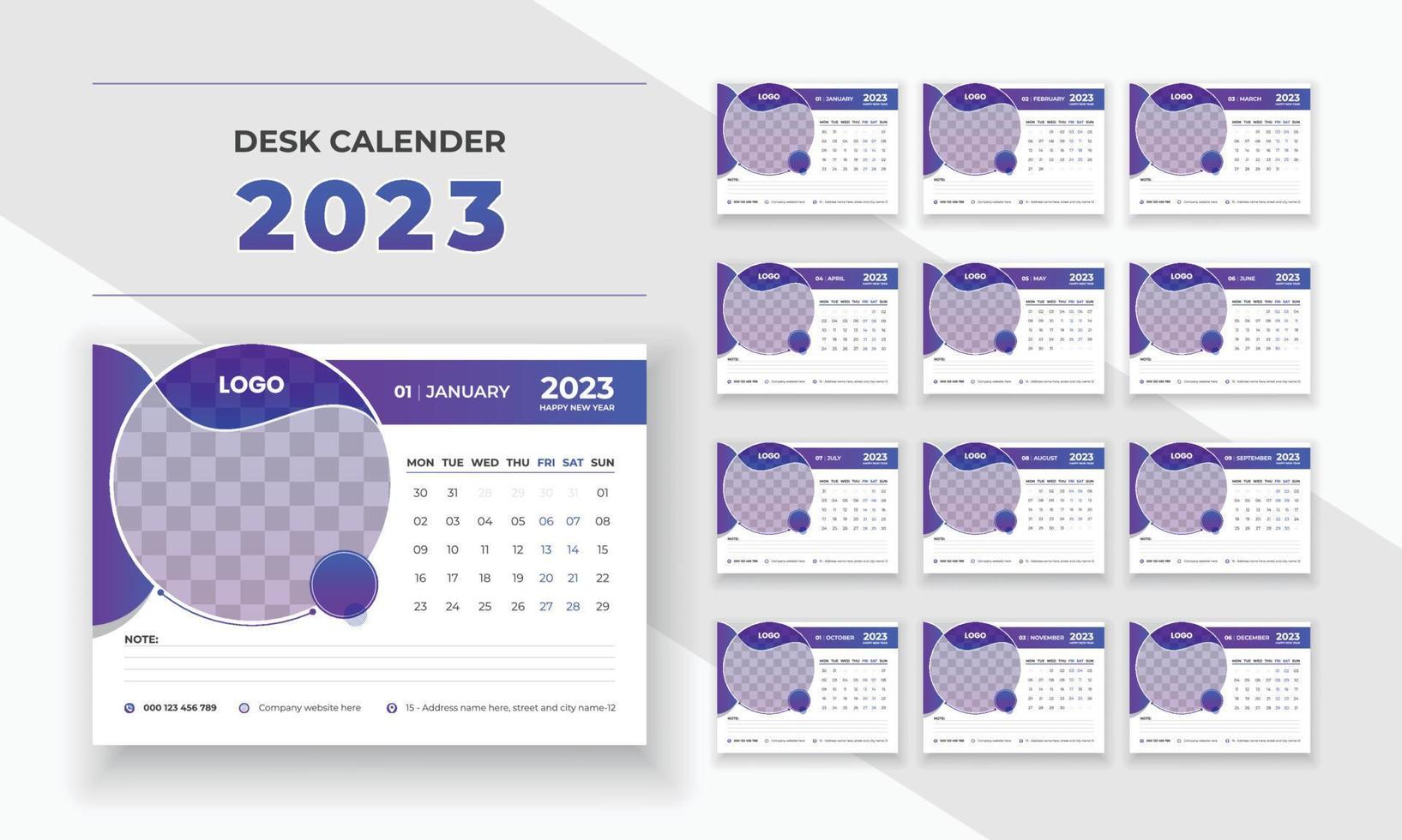 skrivbord kalender design 2023 ny år företags- företag företag tabell kalender12 månader 12 sida vektor