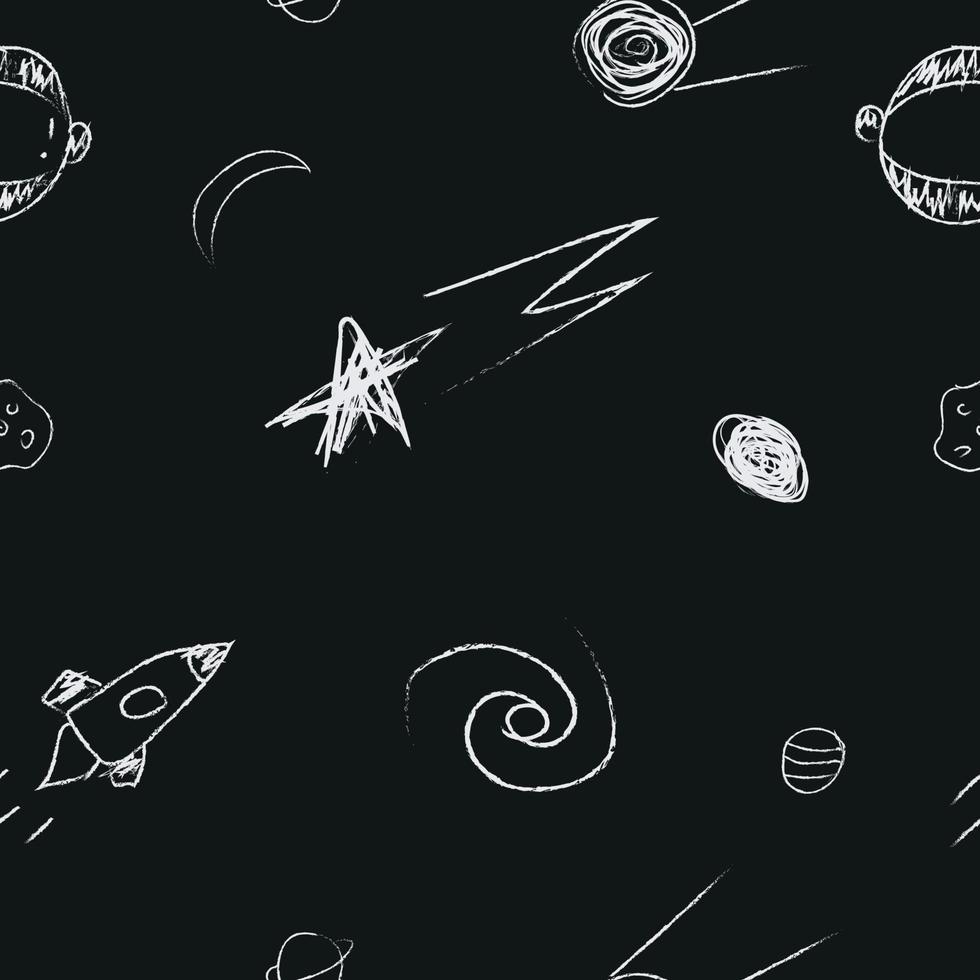 Gekritzel kosmisches nahtloses Muster im kindlichen Stil. hand gezeichnete abstrakte raumelemente. Schwarz und weiß vektor