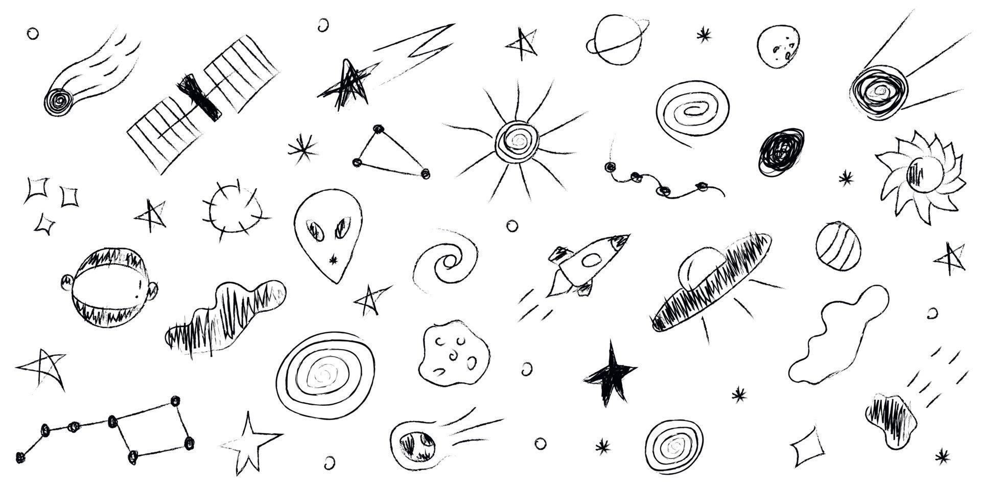 Doodle-Kosmos-Illustration im kindlichen Stil, Design-Clipart. hand gezeichnete abstrakte raumelemente. Schwarz und weiß. vektor