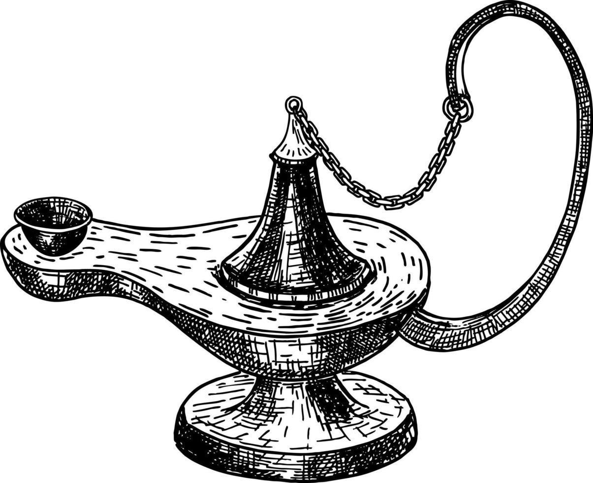 Öllampe. Tintenskizze. genie lampe arabisches design. Vektor antike Objekte. hand gezeichnete vektorillustration. Retro-Stil