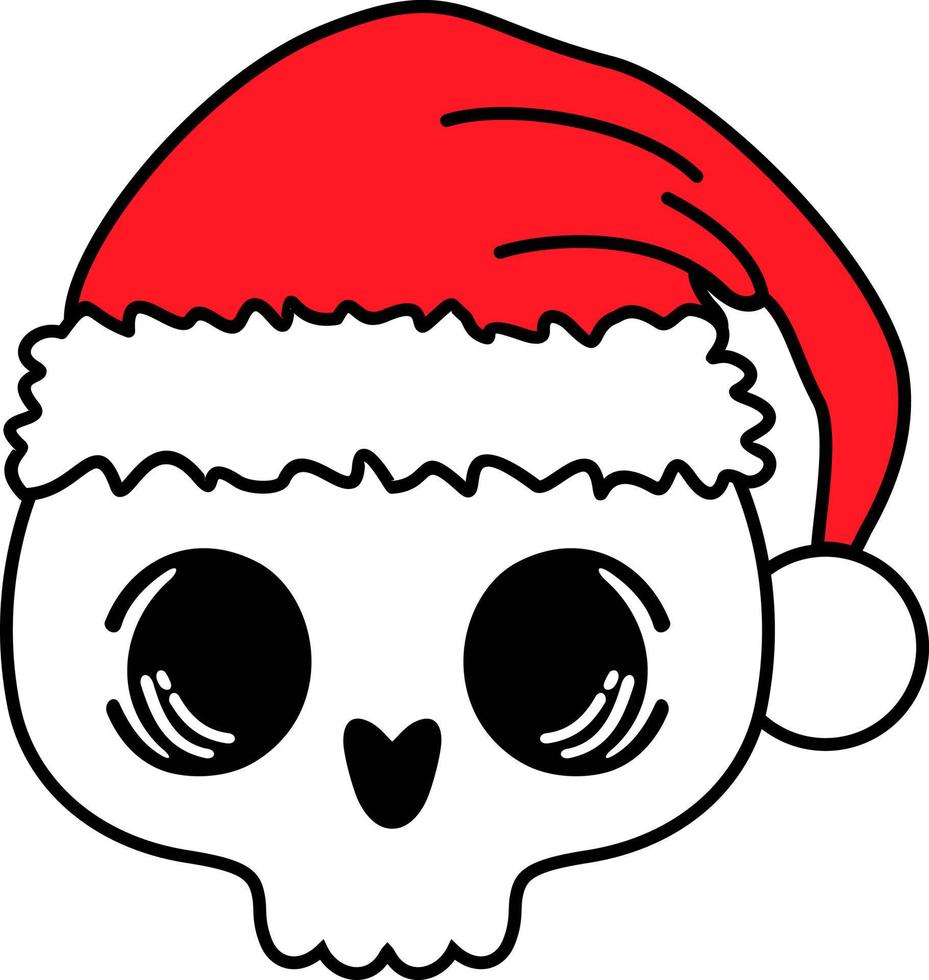 Schädel mit Weihnachtsmütze. Totenkopf in Weihnachtsmann-Hutzeichnung im Tattoo-Stil. vektorillustration für grußkarte oder poster, druck auf kleidung. Silvester und Weihnachten vektor