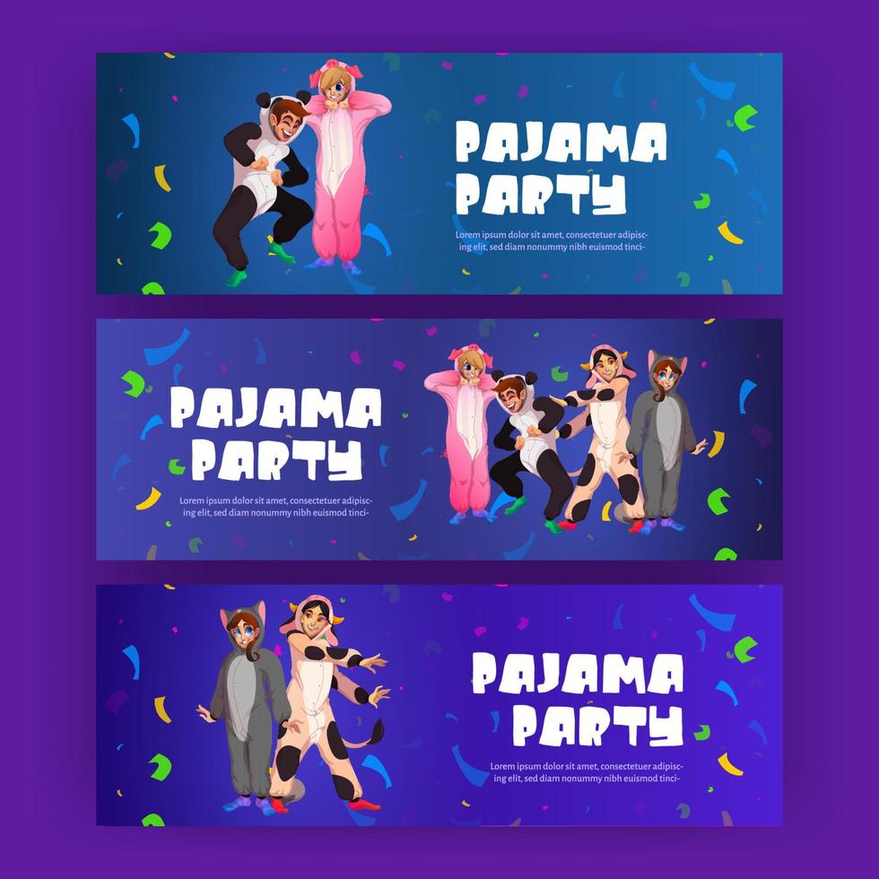 pyjama-party-poster mit fröhlichen menschen in kigurumi vektor