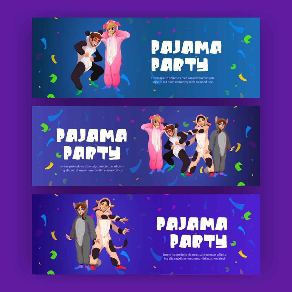 pyjamas fest posters med Lycklig människor i kigurumi vektor