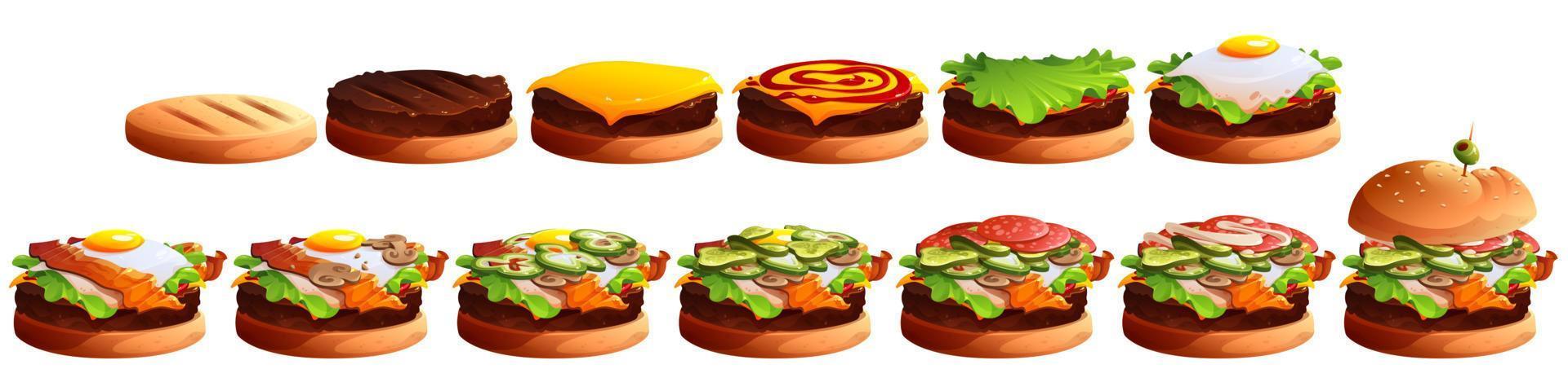burger matlagning etapper. hamburgare skikten vektor