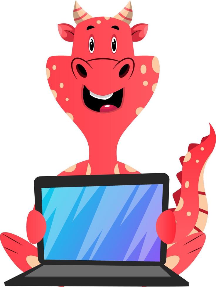 Roter Drache hält Laptop, Illustration, Vektor auf weißem Hintergrund.